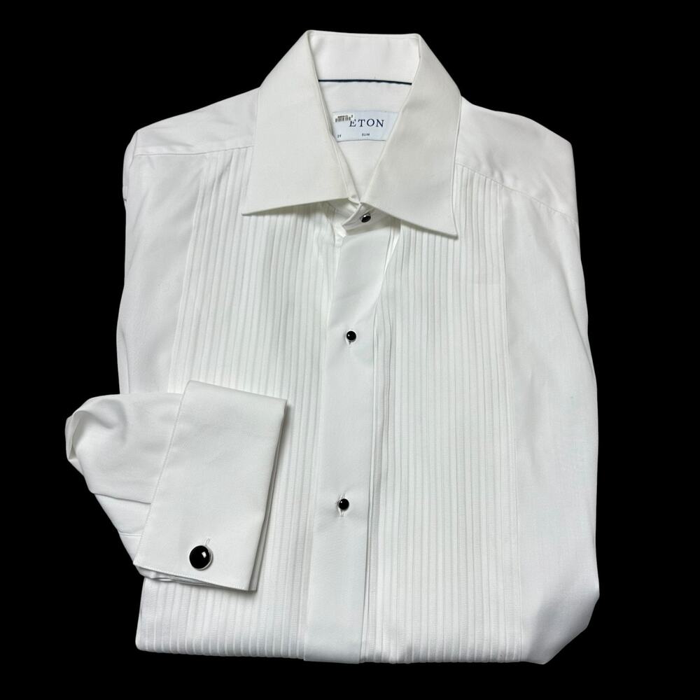 Eton Slim Tuxedo Shirt White Plisse Pleated Bib French Cuff Cotton 39 15.5 Sz M